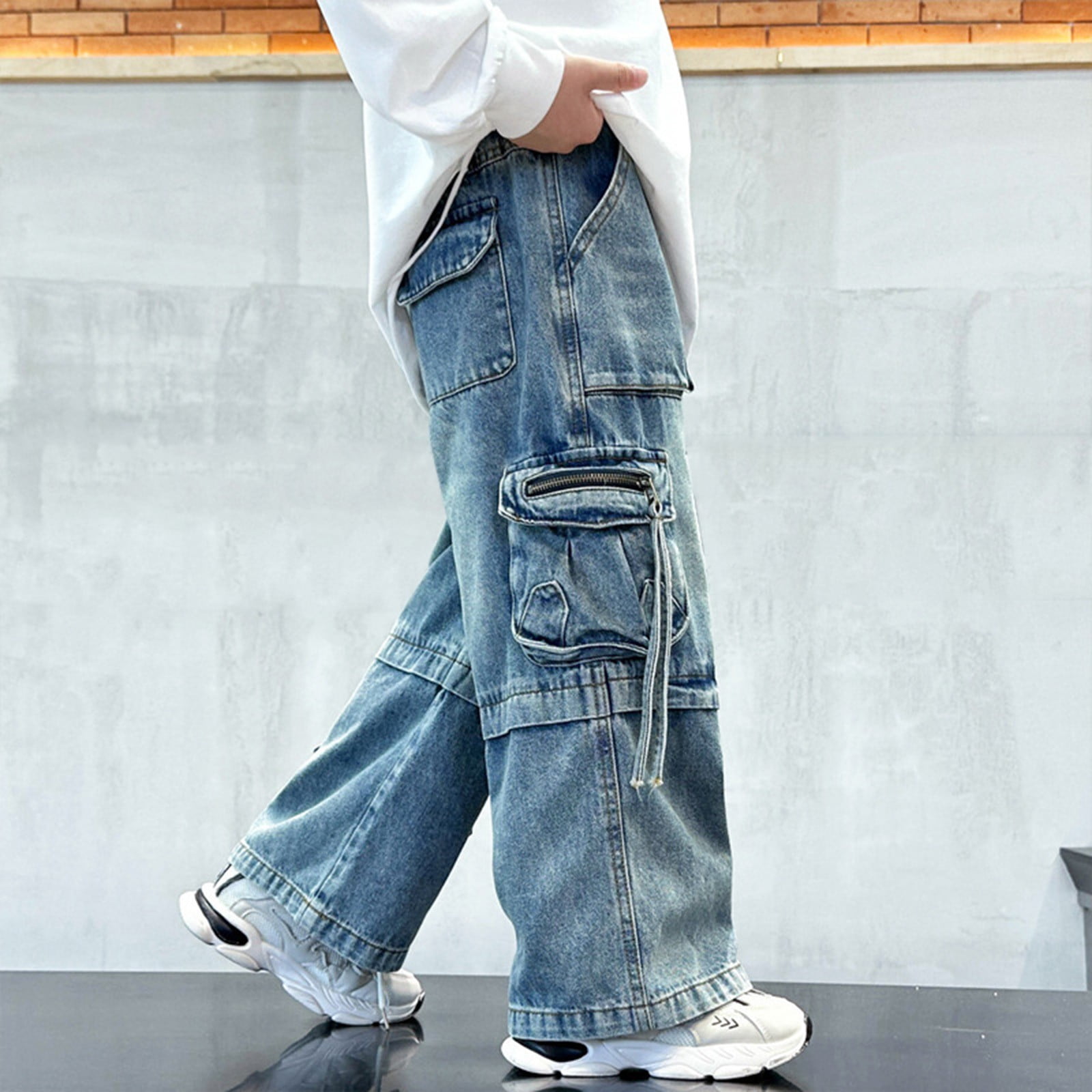 XXWXYD Boys' Floor-Length Baggy Jeans - Washed High Waist