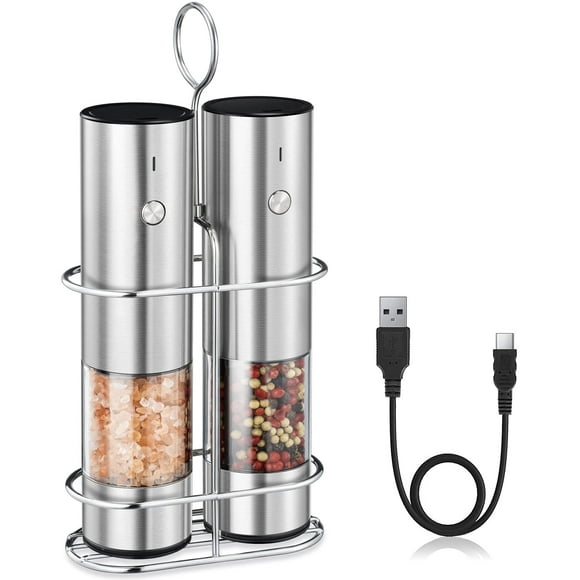 Rechargeable Electric Salt and Pepper Grinder Set with Holder - Nicely Packaged Giftable - No Battery Needed - Automatic Pepper Mill & Adjustable Coarseness & LED Light R