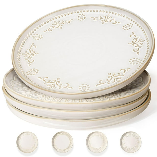 Artena Large Ceramic Dinner Plates Set Of 4, 10.75 Inch Embossed Kitchen Salad Plates, Modern Serving Plates For Restaurant, Plat