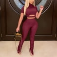 thumbnail image 2 of Women Fitted 2 Piece Outfits Short Sleeve Turtleneck Cutout Crop Top with Long Split Pants Legings Set Clubwear, 2 of 7
