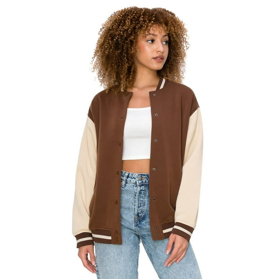 Cali1850 Women's Varsity Bomber Jacket Snap Button Down Long Sleeve Casual Baseball Collar Jackets with Pockets