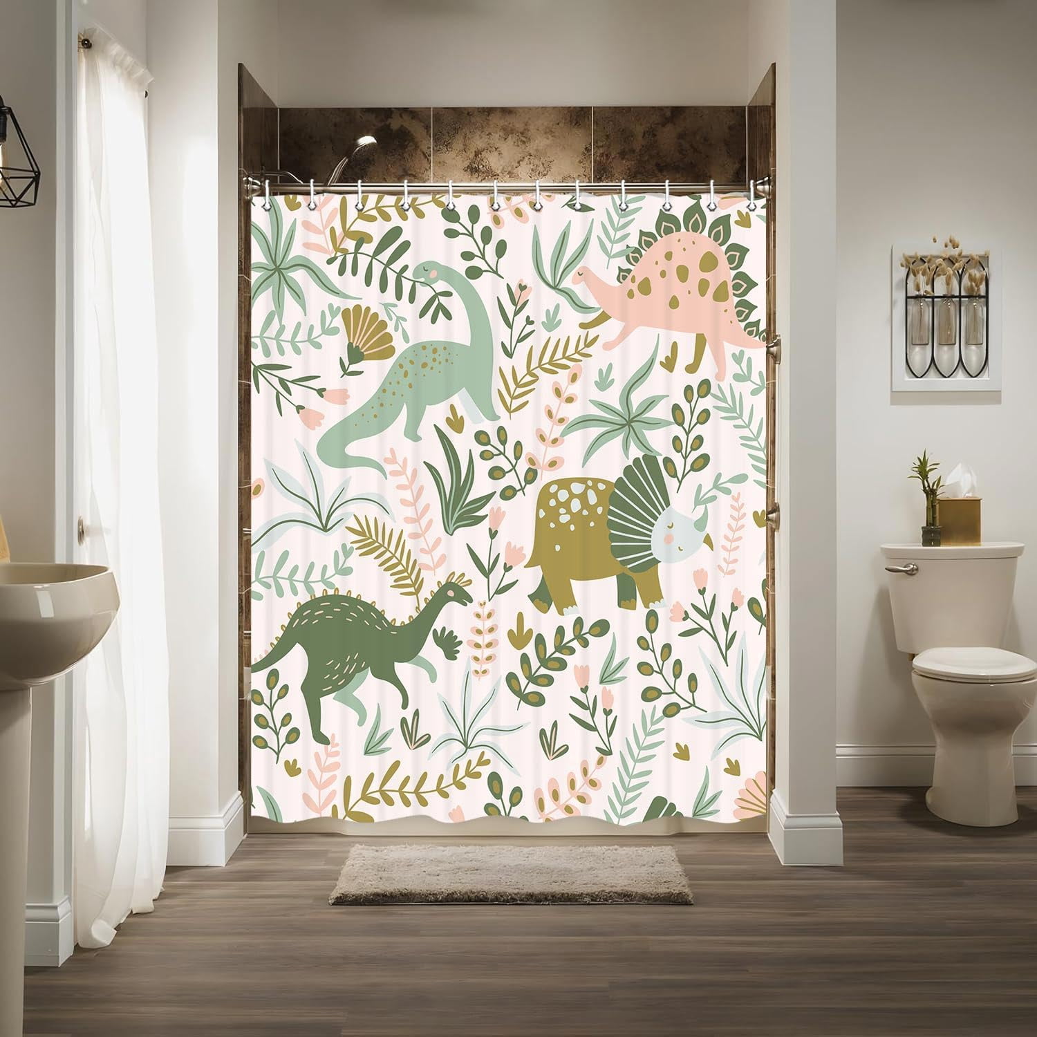 Kids Shower Curtains,Funny Dinosaur Shower Curtains, Cute Dinosaur for Boys Girls, Green Plant Leaf Flowers Colorful Bathroom Decor with Hooks Waterproof Fabric Polyester Bathtub Decorative