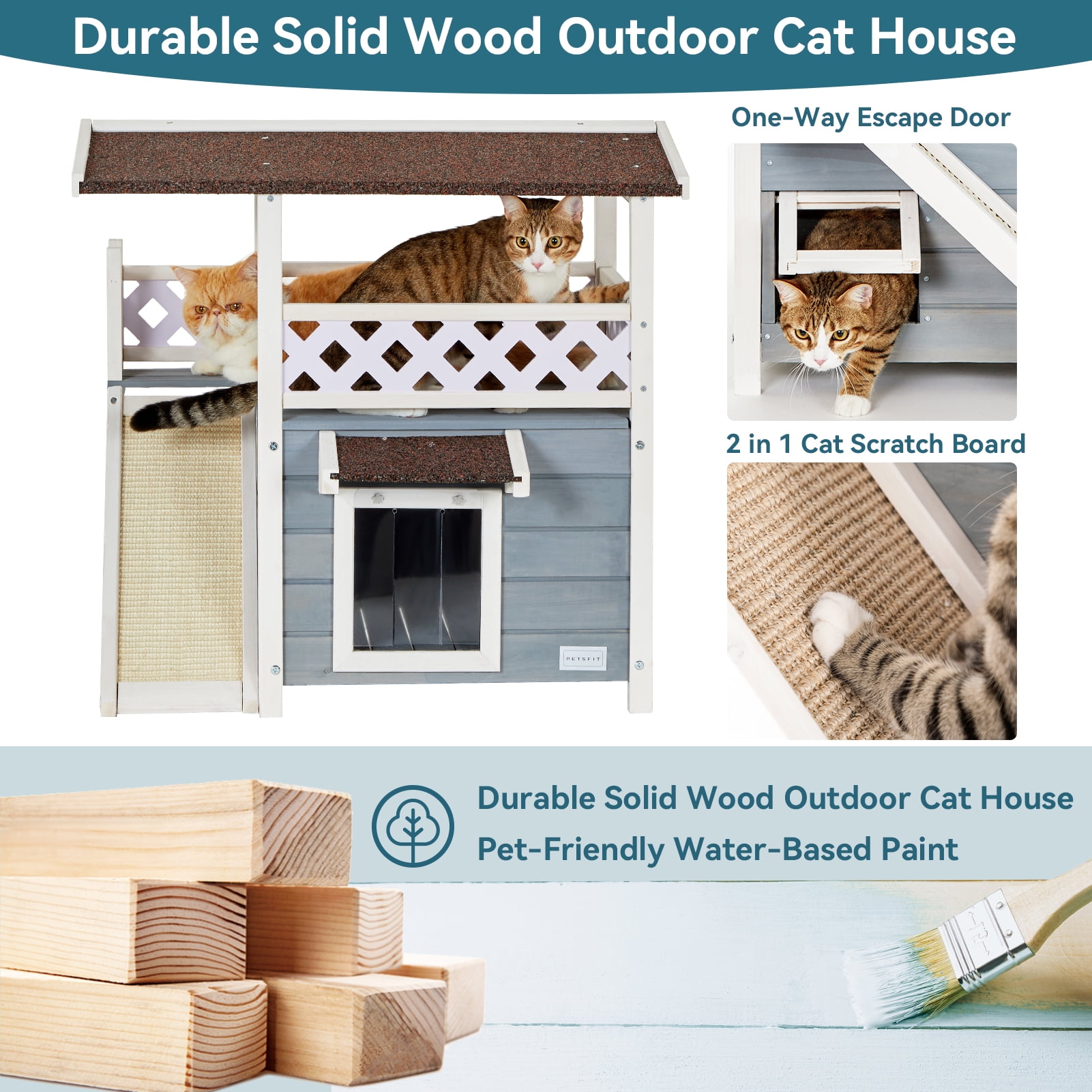 Petsfit Durable Roof Cat House Outdoor Weatherproof with Scratching,30"D x 22"W x 29"H,Gray