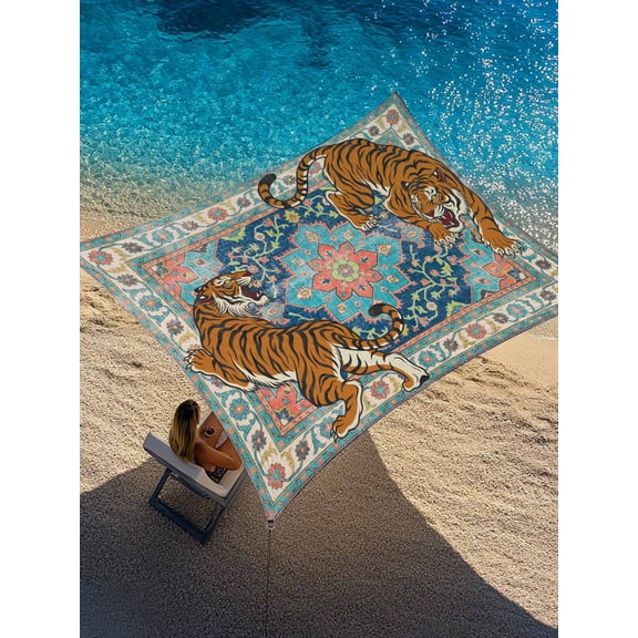 Tiger Print Sun Shade Sail 12' x 16', Boho Vintage Animal Teal Blue Floral Geometric Rectangle Outdoor Sunshade Canopy, Waterproof UV Block Patio Covers for Garden Yard Beach