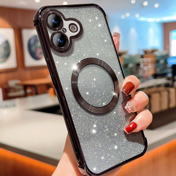 For iPhone 17 Magnetic Phone Case,Compatible with MagSafe Charging,Gradient Color Bling Glitter Case for Women Girls,Luxury Plating Clear Soft TPU Shockproof Phone Cover,Black