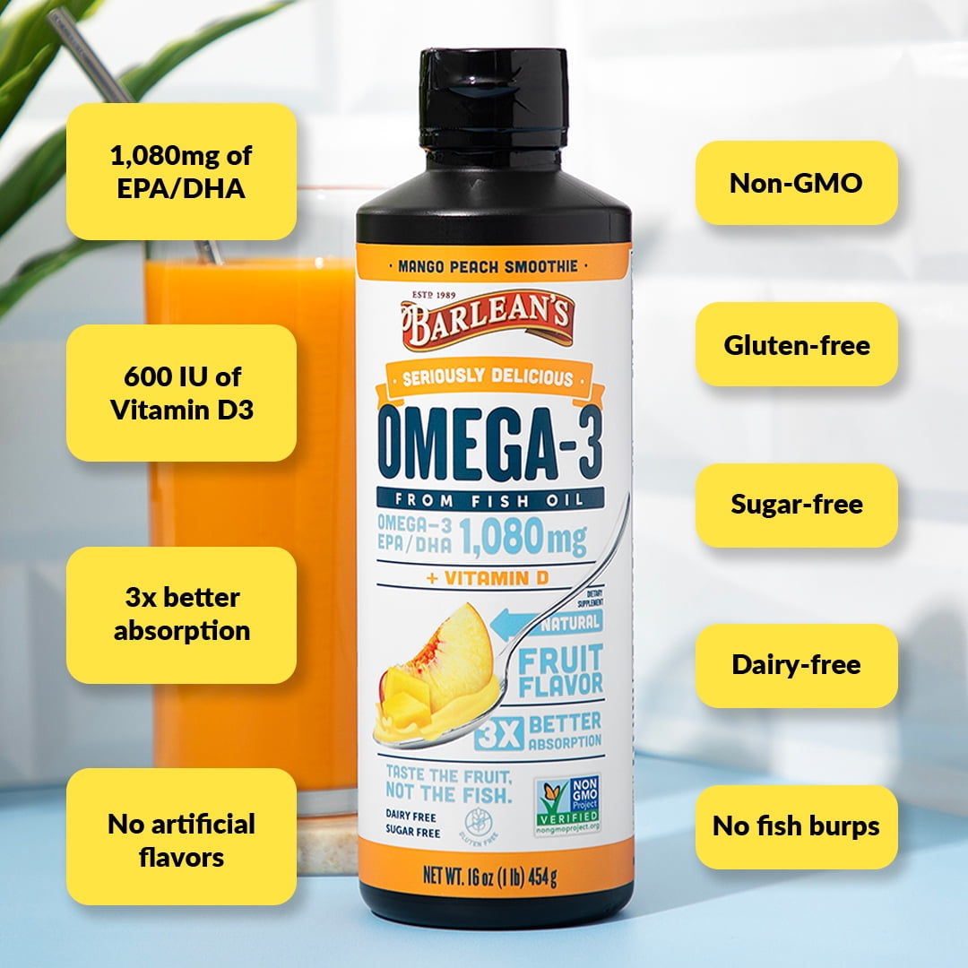 Barlean's Seriously Delicious®, Omega-3 From Fish Oil + Vitamin D, Mango Peach Smoothie, 16 oz (454 g)