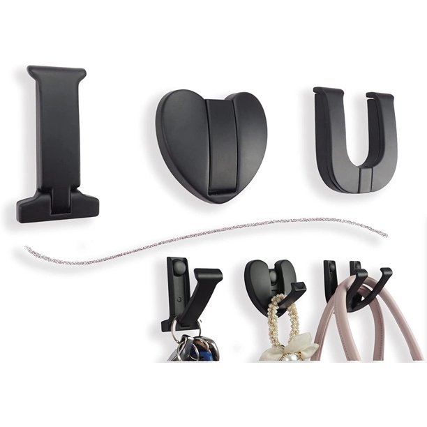 Ganchos plegables para abrigos, letras del alfabeto de aluminio "I" "U", ganchos de pared en forma de corazón, ganchos retráctiles para colgar abrigos, sombreros, bolsos, toallas, llaves (negro)