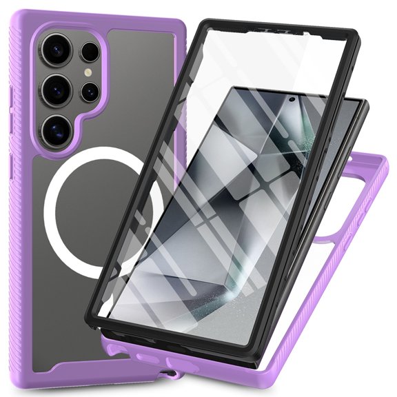 ELEHOLD Full Body Protective Case For Samsung Galaxy S25 Ultra Magnetic Shockproof Cover, [Non-Slip], [MagSafe Compatible], [With Built-in Screen Protector], Purple