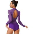thumbnail image 2 of TiaoBug Women's Gymnastics Leotard Ballet Dance Top Long Sleeve Rhinestones Mesh Figure Ice Skating Bodysuit Purple XL, 2 of 5