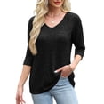 thumbnail image 4 of ManxiVoo Womens Brushed Striped V Neck Tee Shirt Artistic Retro Inspired Three Quarter Sleeve Top S Size Black, 4 of 7