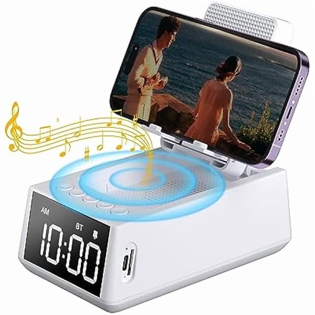 wonima11 3 in 1 Wireless Bluetooth Speaker with Loud Alarm Clock Cell Phone Stand TF Card Reader 12H Display Mic HD Surround Sound Kitchen Bedroom Office Cell Phone&Tablet (White)