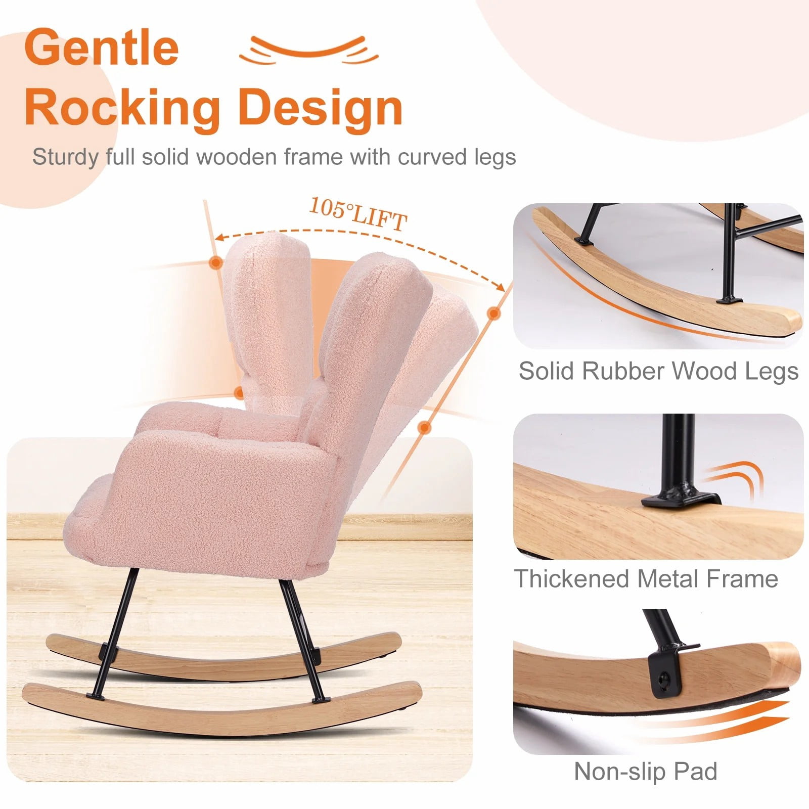 Modern Rocking Chair – Plush Teddy Upholstered Glider with High Back & Armrests, Living Room & Bedroom Accent Chair,Pink