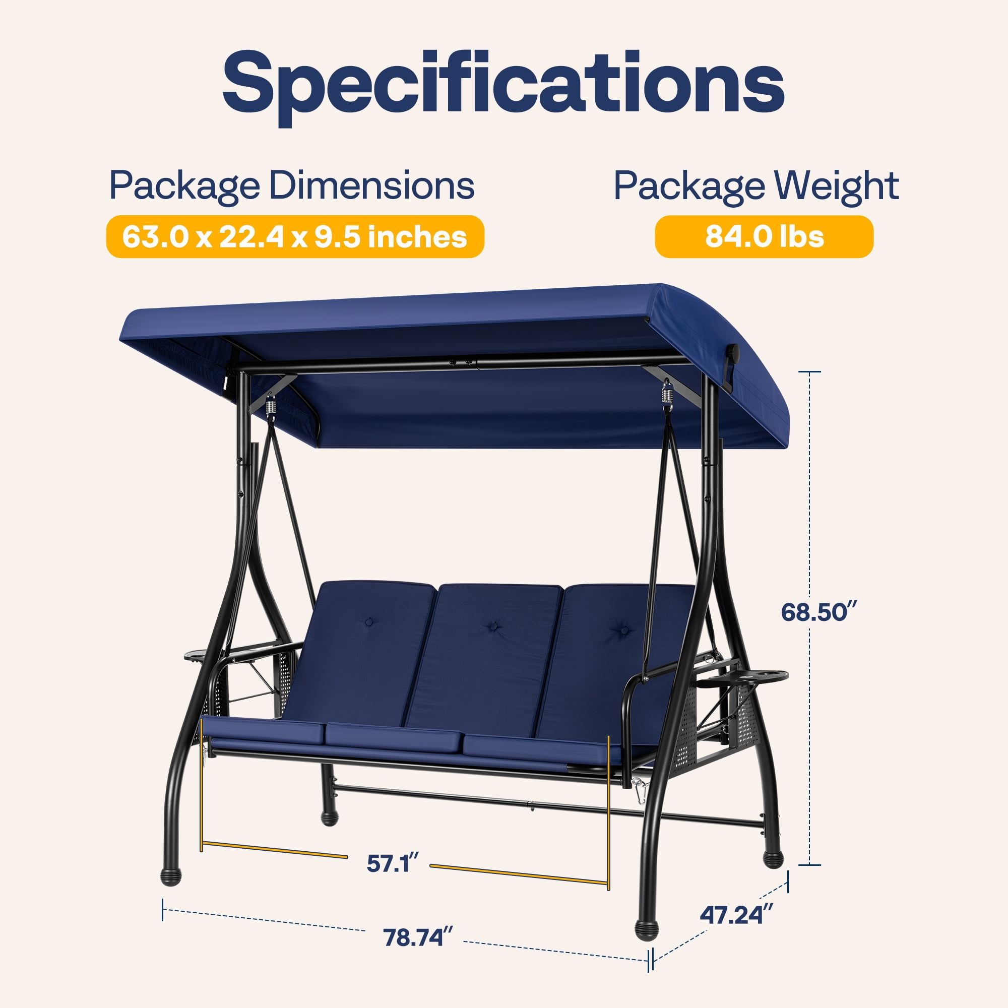 VIVOHOME Outdoor Converting Swing Chair 3-Seat with Canopy, Outdoor Porch Swing Chair with Stand - Navy Blue