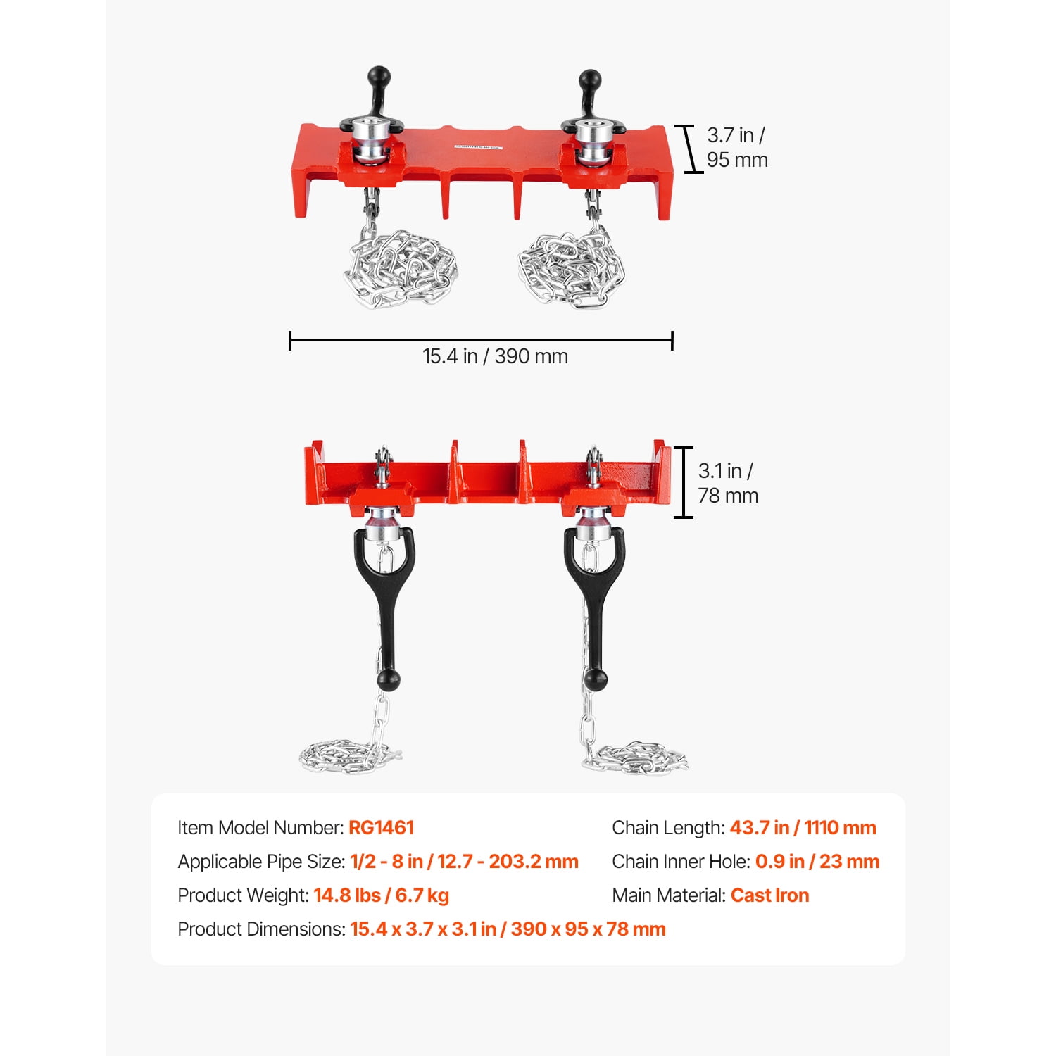 KFFKFF Pipe Welding Vise, Adjustable 1/2" to 8" Clamp with Dual Chains & Crank Handles, Durable Cast Iron Tool for Various Pipe Applications
