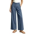 thumbnail image 3 of VBVC Women's High Waisted Cotton Linen Pants , Wide Leg Work Business Trousers For Women , Ladies' Button Detail Pleated Pants with Pockets,Dark Blue,S-XL, 3 of 7