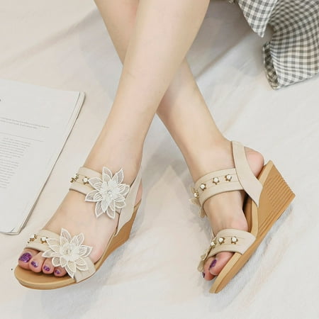 

CAICJ98 Wedge Sandals for Women Women s Rhinestones Bohemian Elastic Ankle Strap Beach Dressy Summer Flat Sandals Beige