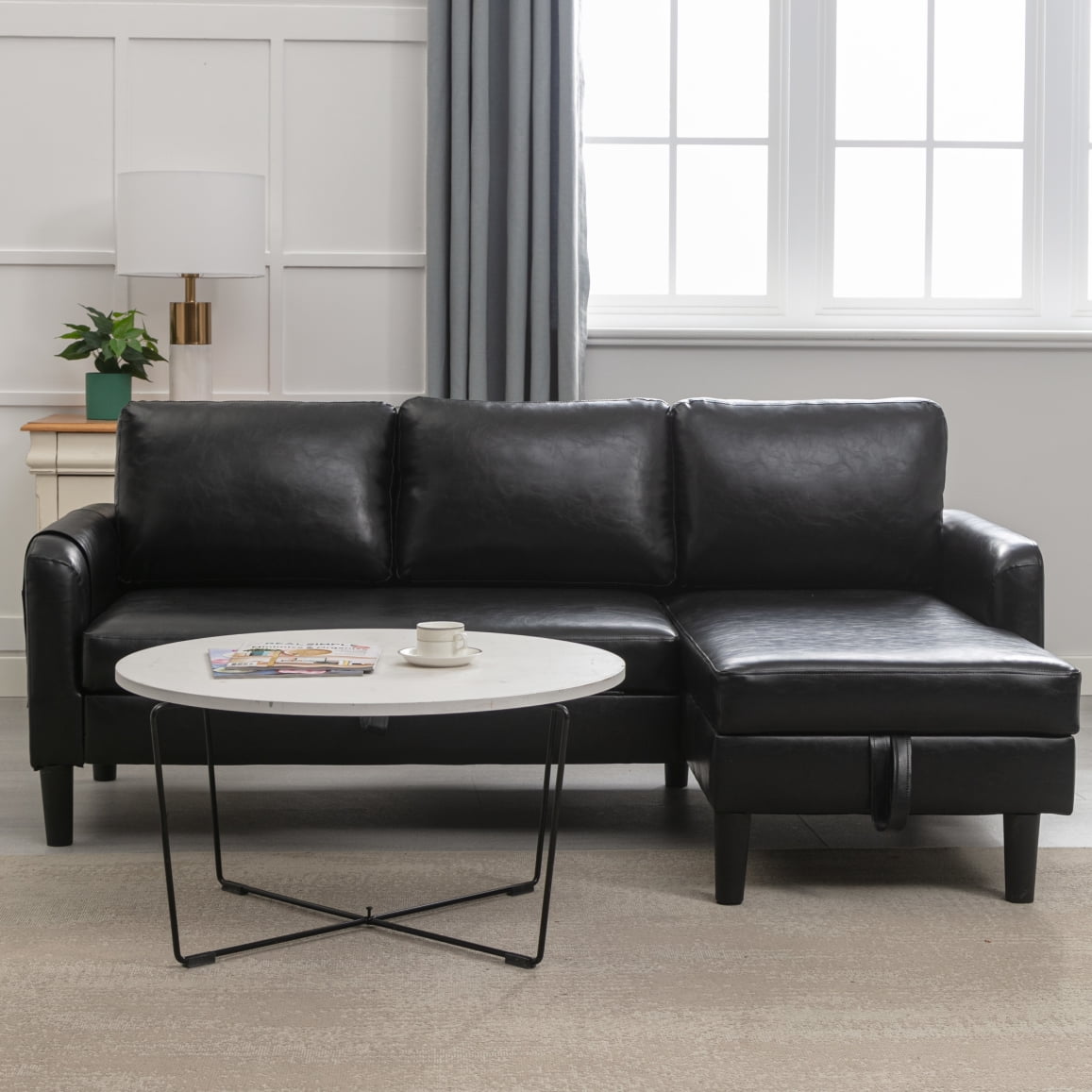 Resenkos Air Leather L Shaped Sleeper Sectional Sofa with Storage Chaise, Couch Convertible Pull-Out Bed, Black