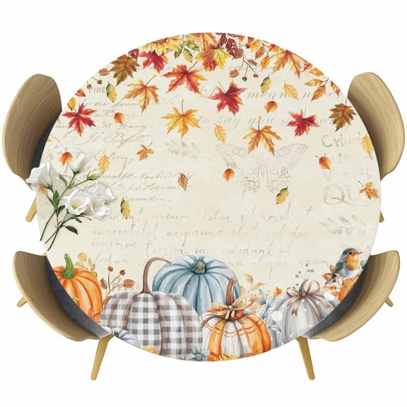 Orange Pumpkins Fall Round Tablecloth, Fitted Table Cover with Elastic for 36"-44" Round Tables, Thanksgiving Maple Leaf Rustic Table Cloth Outdoor Indoor Dinning Party Waterproof Tablecloths
