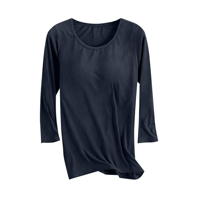 Ltctricy T-Shirts pour Femmes avec Soutien-Gorge Intégré Manches 3/4 Col Rond Côtelé Hauts de Pyjama Ajustés Tunique Décontractée Blouses (Bleu Foncé, Très Grand)
