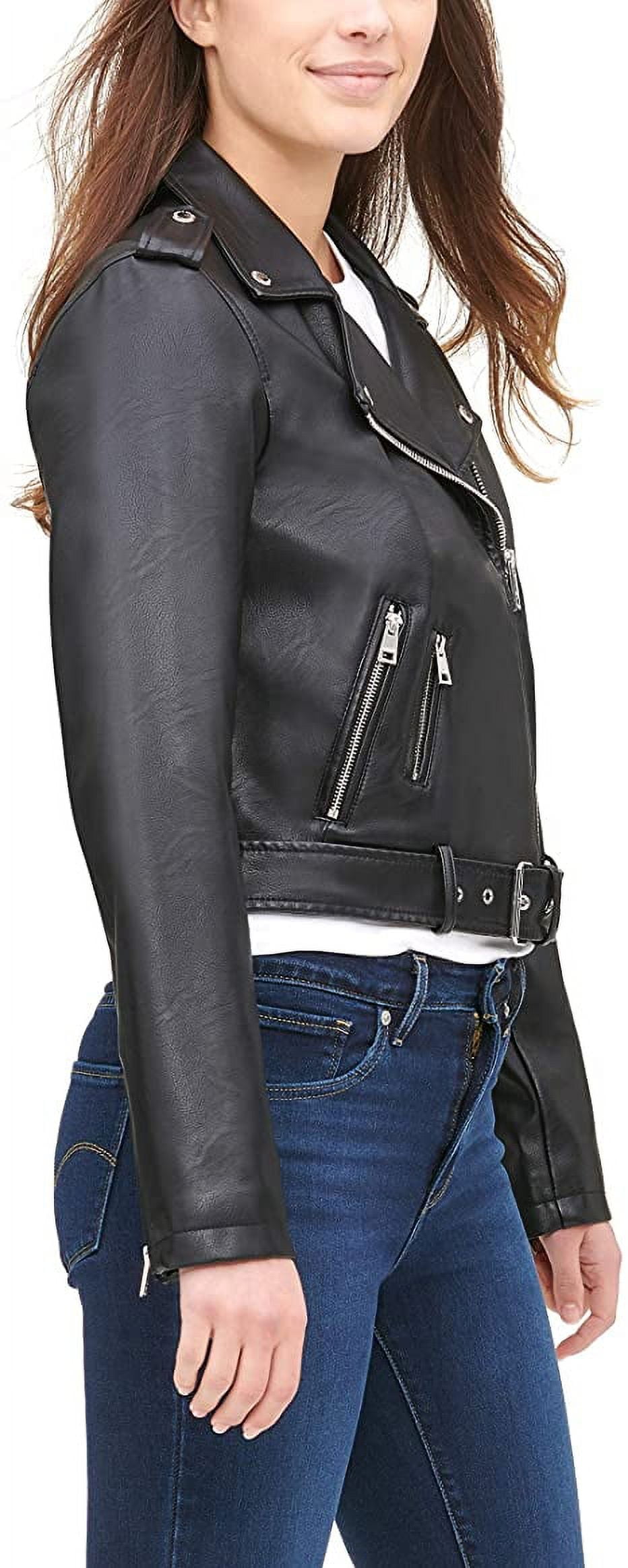 Levi's women's Faux Leather Belted Motorcycle Jacket - Black (Large)