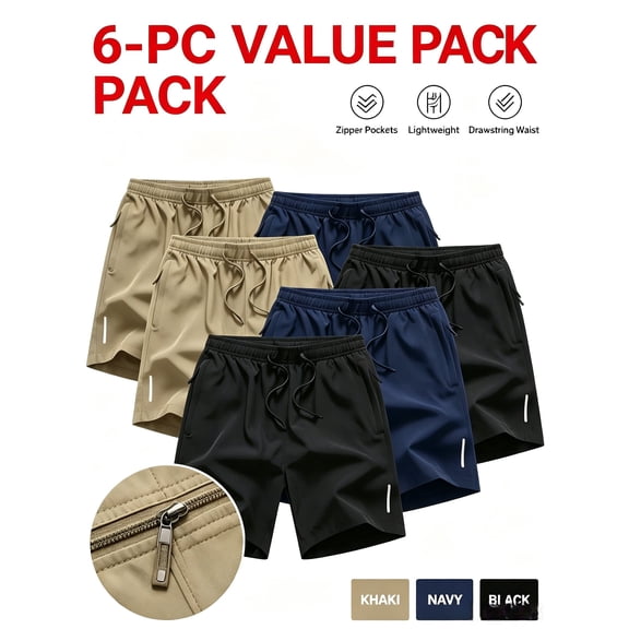 Men's Quick-Dry, Lightweight, Zipper Pockets Athletic Shorts, 6 Pack