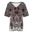 thumbnail image 4 of Sakmal Womens Tops Brown Short Sleeve V-Neck Floral Asymmetrical Vintage T-Shirts Ladies Shirts and Tops, 4 of 5