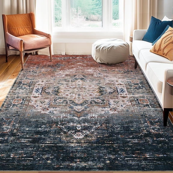 Area Rug 5x7, Washable Ombre Print Vintage Distressed Ultra-Thin Bedroom Living Room Accent Rug, Low Pile Non-Slip Area Rug Floor Carpet for Dining Room Home, Rust/Navy Multi