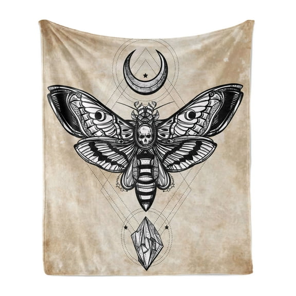 Fantasy Soft Flannel Fleece Throw Blanket, Dead Head Hawk Moth Luna and Stone Magic Skull Illustration, Cozy Plush for Indoor and Outdoor Use, 50" x 60", White Black and Cream, by Ambesonne