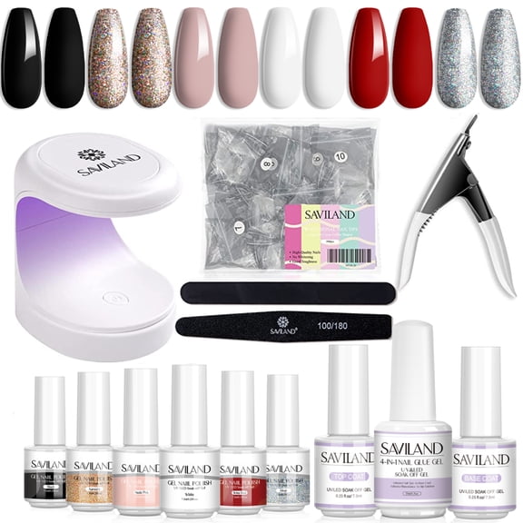 Saviland Nail Tip and Glue Gel Kit with Gel Nail Polish - Acrylic Gel x Nail Kit with 240Pcs Long Coffin Nail Tip, Nail Glue Gel,Base & Top Coat and Mini Nail Lamp