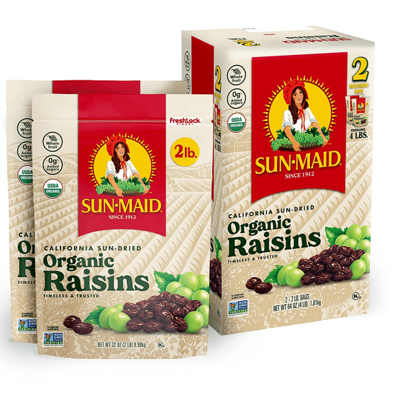 Sun-Maid Organic California Sun-Dried Raisins Snack 32 Ounce Bags 2 Pack | Whole Natural Dried Fruit No Sugar Added Gluten Free Non-GMO Vegetarian Friendly Great for Baking & Snacks for Kids & Adult