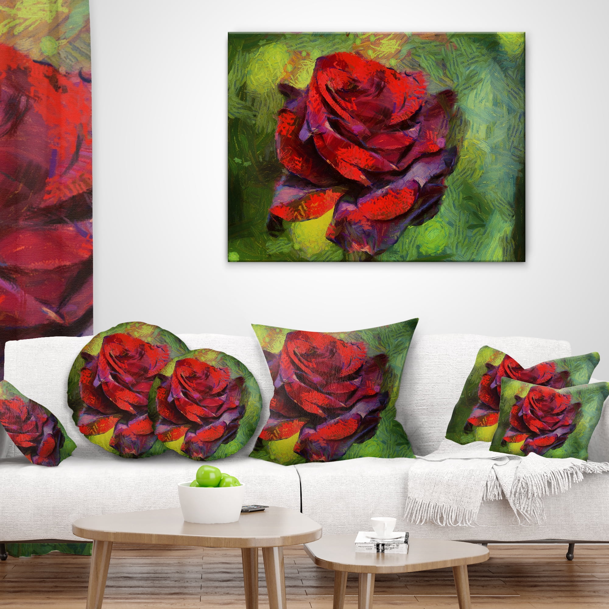 Designart Red Rose Illustration on Green - Floral Throw Pillow - 16x16