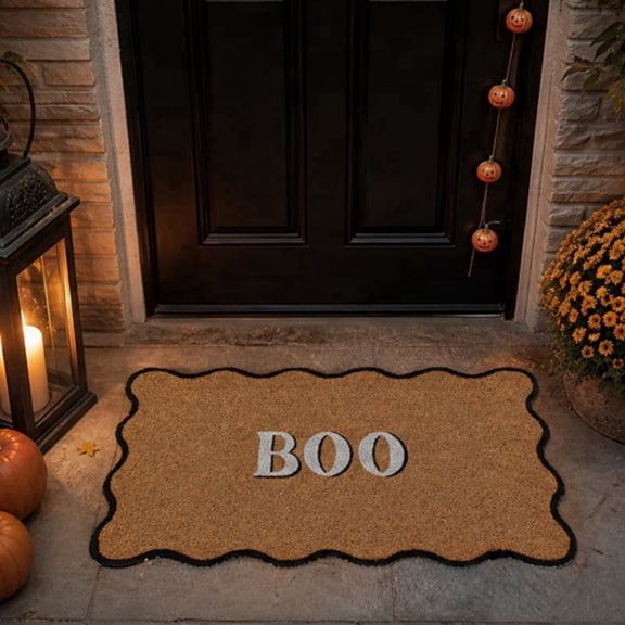 Halloween Boo Coir Doormat, Large Wavy Scalloped Black‑Trim Entry Rug, Spooky Fall Welcome Mat for Front Porch Entryway Outdoor Decor(47.2x29.5Inch)