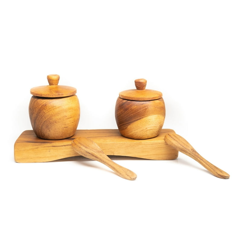Teak Wood Spice Container Set with Tray and Spoons Walmart