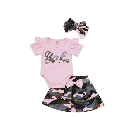 

Canis Newborn Infant Baby Girl Clothes Ruffle Short Sleeve Romper + Camo Skirt with Headband 3PCS Outfit Set