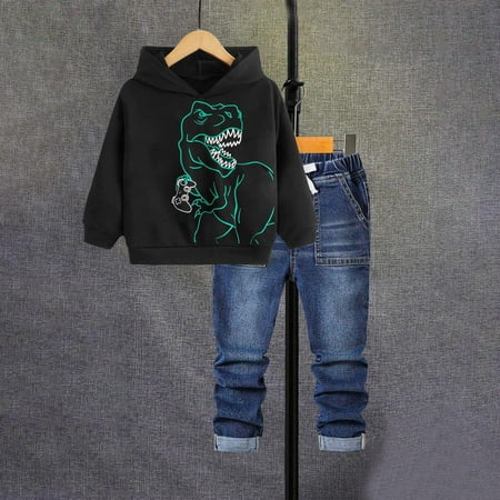 

Cethrio Kids Boys Hoodies and Jeans Sets 2 Piece Elastic Waist Pullover Outfit Sets Black Size 8-9 T