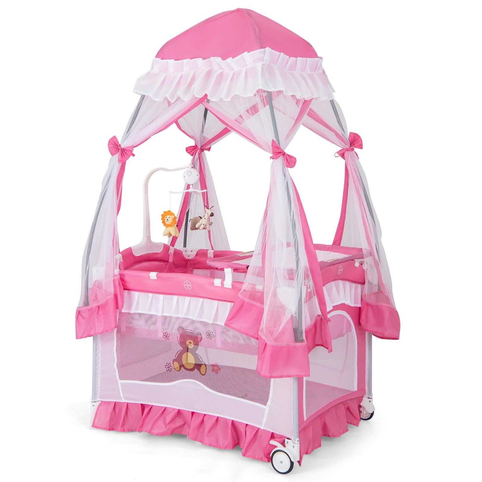 Costway Baby Playard Crib Bed 4 in 1 Portable with Changing Table Canopy Music Box Pink