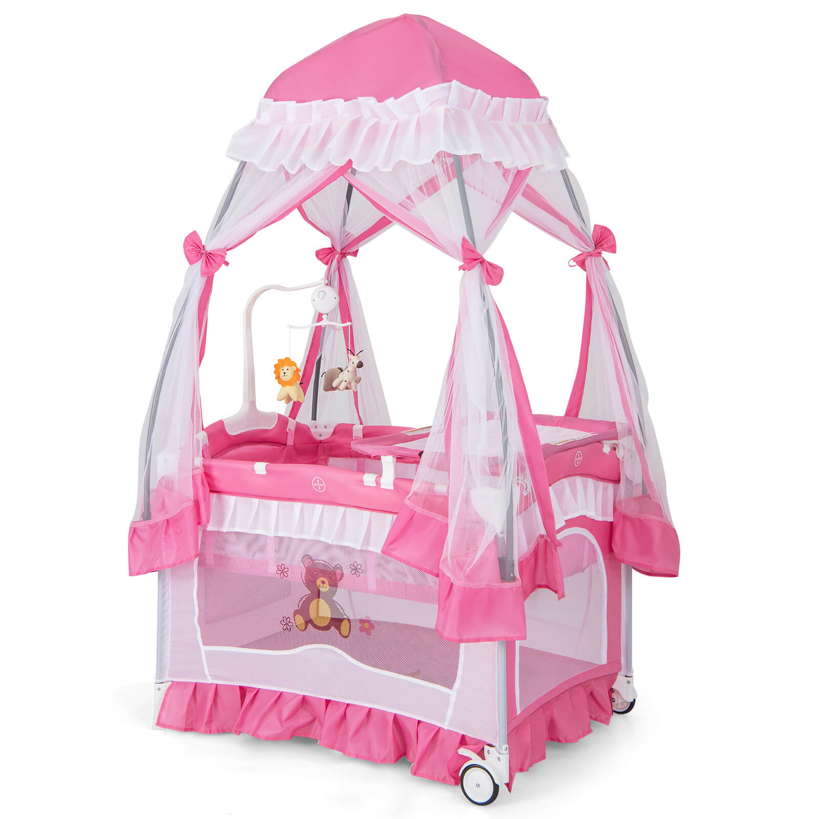 Costway 4-in-1 Baby Playard Crib with Changing Table, Pink photo 2