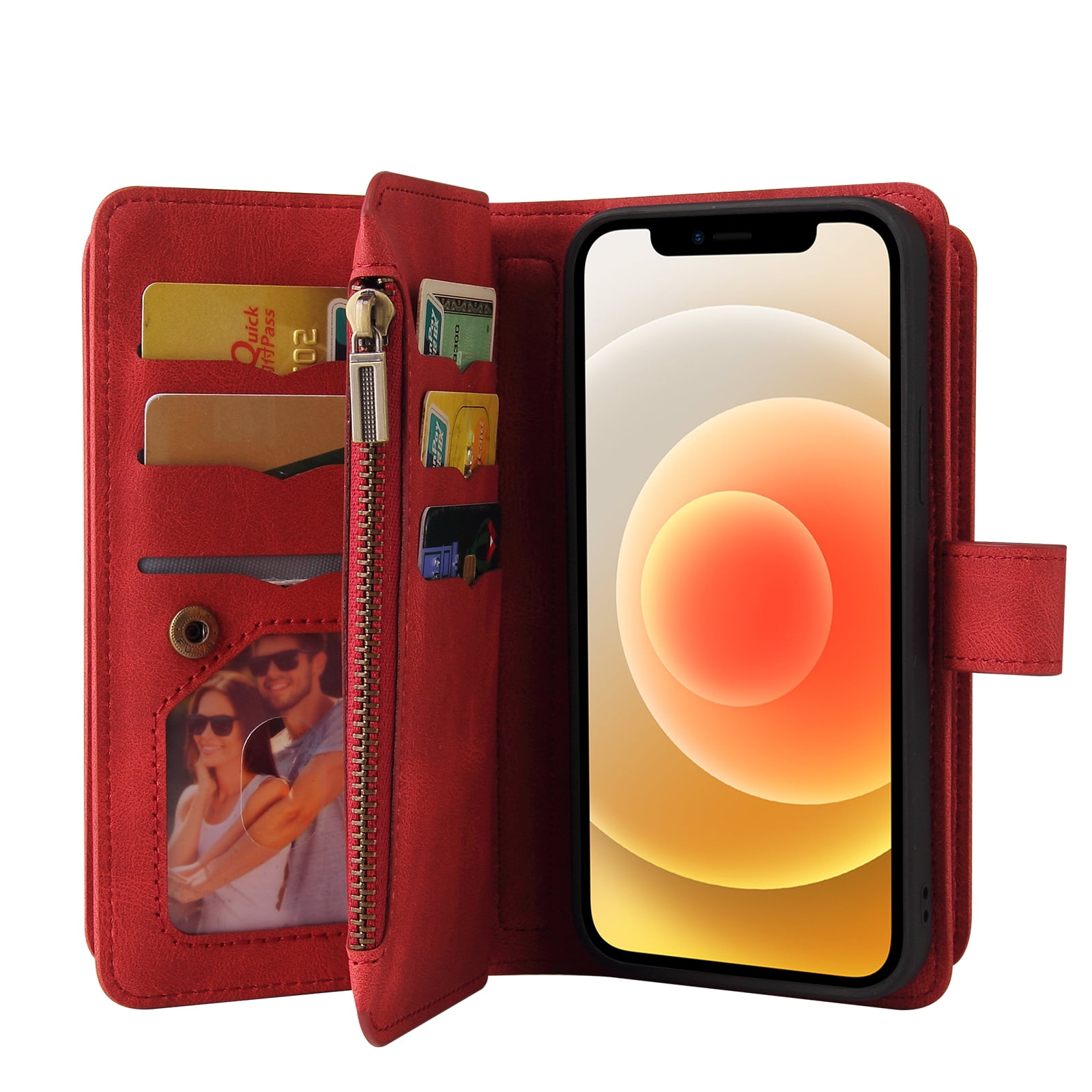 Wallet Case for iPhone 12 / 12 Pro, Magnetic Zipper Pouch Premium PU Leather with Kickstand Wallet Flip Shockproof Phone Case Wrist Strap Card Slots Holder Pocket iPhone 12 / 12 Pro,
Red