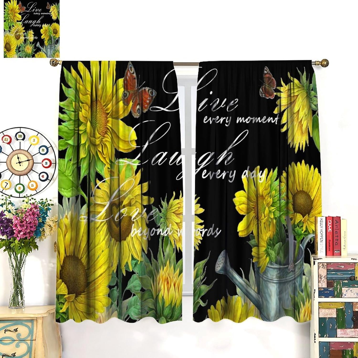 Sunflower Blackout Curtains Farmhouse Rustic Sunflower Butterfly Green Yellow Black Girls Women Bedroom Living Room Rod Pocket Decoration Window Drapes 2 Panels W21xL63in