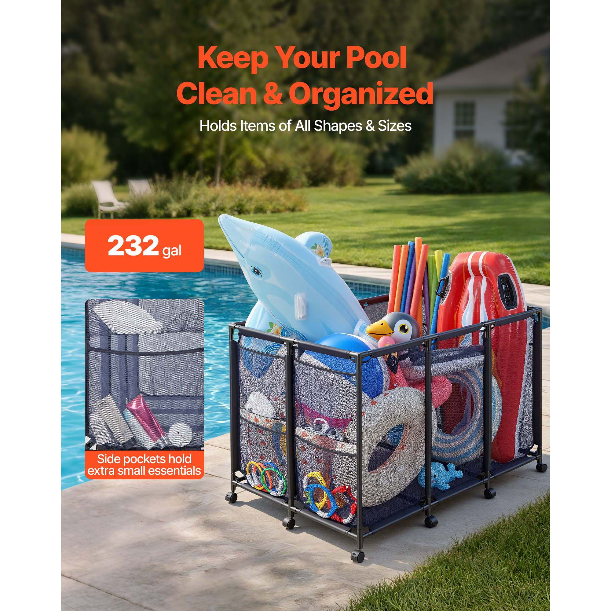 KFFKFF Pool Storage Bin, 48.8 x 32.7 x 32.7 in, Rolling Organizer with Side Pockets & Wheels, Durable Metal Frame, Poolside Toy and Noodle Holder with Mesh Basket for Swimming Areas