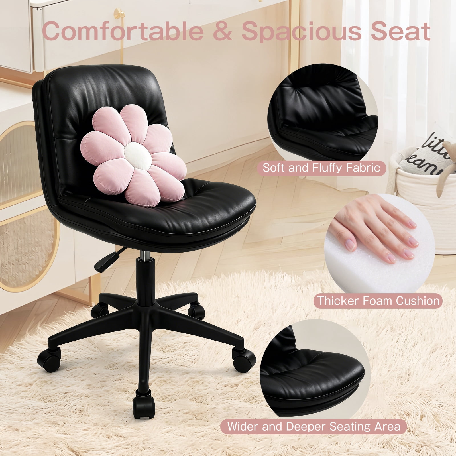 Vanity Chair with Back, PU Leather Swivel Office Desk Chair, Height Adjustable Armless Chair for Small Spaces, Bedroom, Vanity, Home Office Black