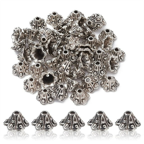 50pc Tibetan Style Alloy Flower Bell Filigree Bead Caps 6-Petal Lead Free & Cadmium Free Silver 9x5.5mm Hole: 2mm