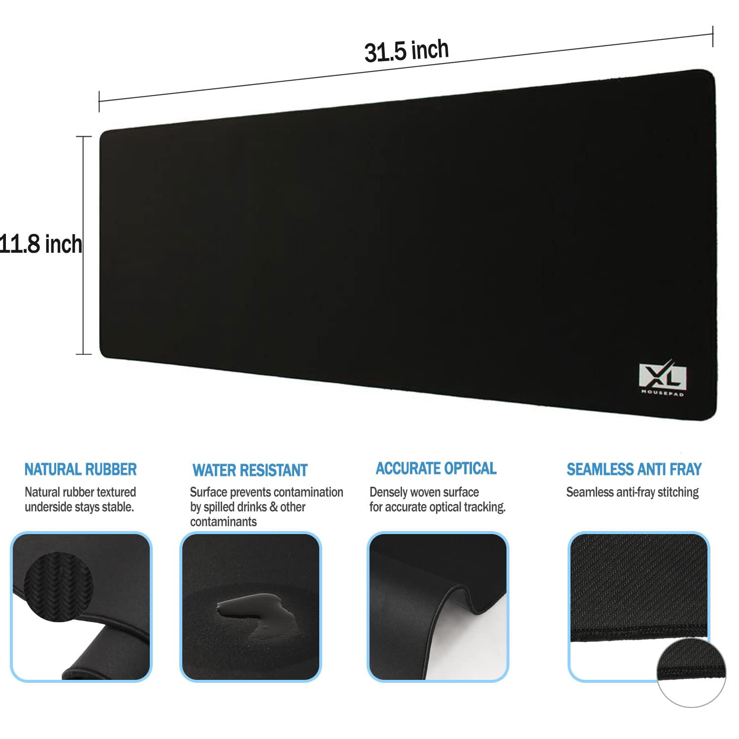 XL Mouse Pad - Large Extended Gaming Desk Mousepad (800x300x3mm) - Nonslip Rubber Base and Water Spill Resistant Desktop Keyboard Mouse Mat - Anti-Fray Cloth - Black