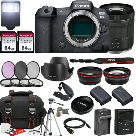 Canon EOS R5 Mirrorless Camera w/RF 24-105mm f/4-7.1 IS STM Lens + 2X 64GB Memory + Hood + Case + Filters + Tripod & More (35pc Bundle)