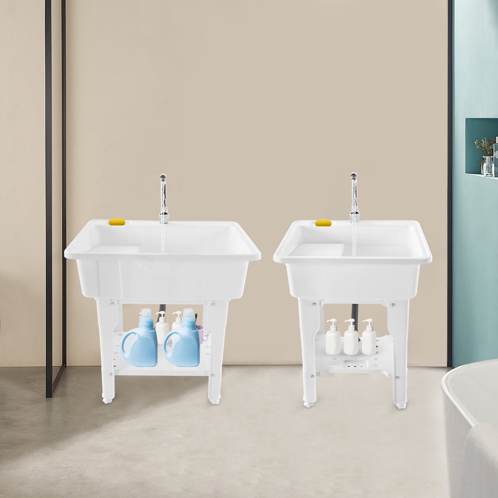 Utility Sink Laundry Tub, Plastic Construction, Hot and Cold Faucet, Ergonomic Design, Adjustable Feet