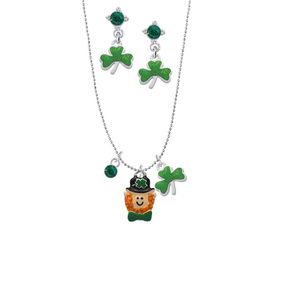 Delight Jewelry Silvertone Small Leprechaun with Bow Tie Green Shamrock Necklace and Clover Earrings Jewelry Set