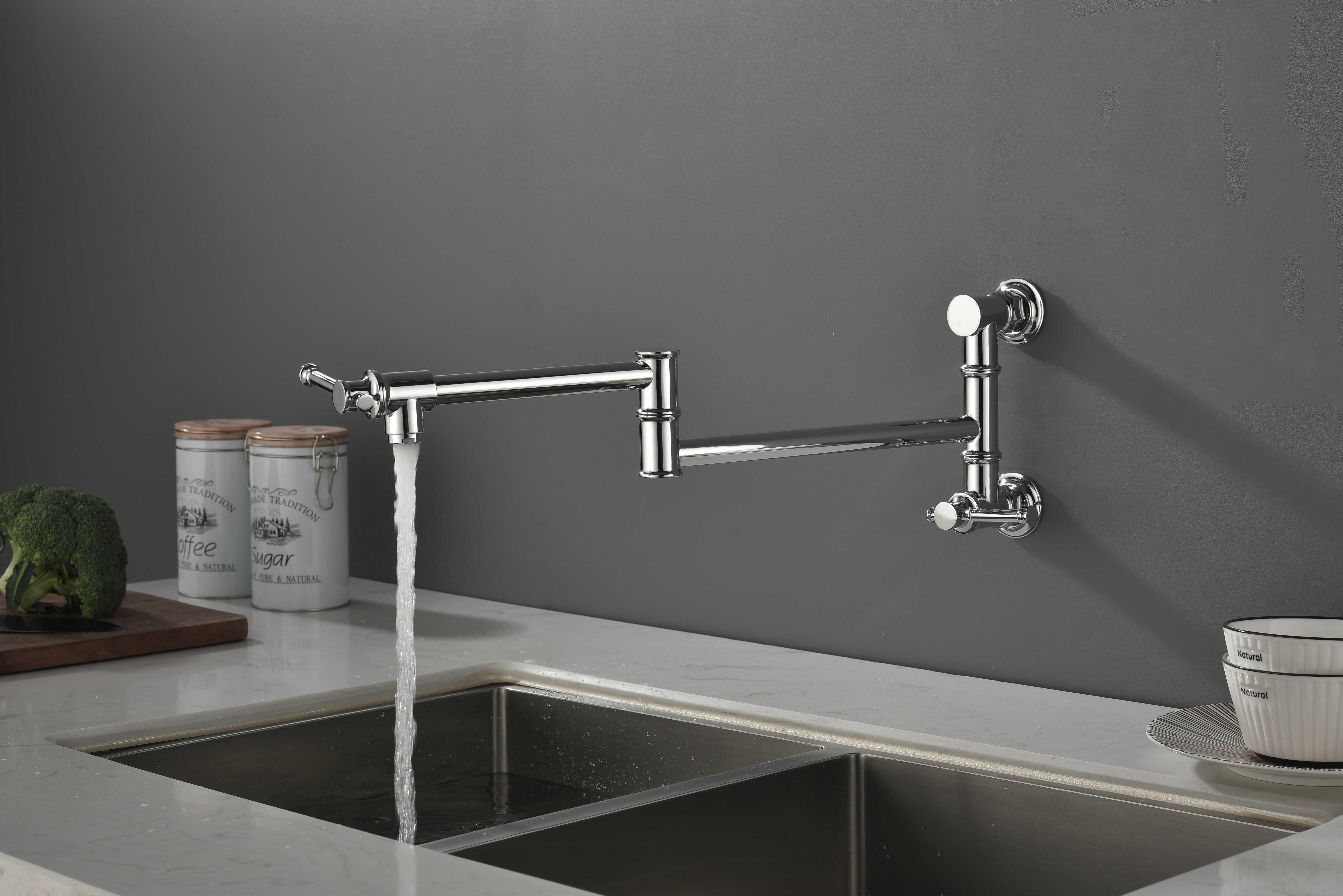 Wall mounted Pot Filler Faucet, Modern Brass Pot Filler Two-Attachment Wall Mount Folding Kitchen Pot Filler Swing Arm