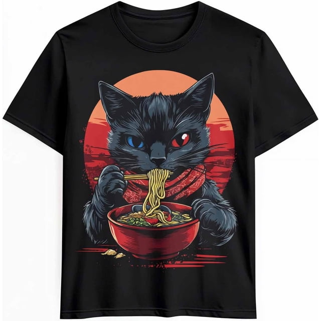 Men T-Shirt,Crewneck Tee Shirt Cat Noodle Short Sleeve Casual Black T Shirts