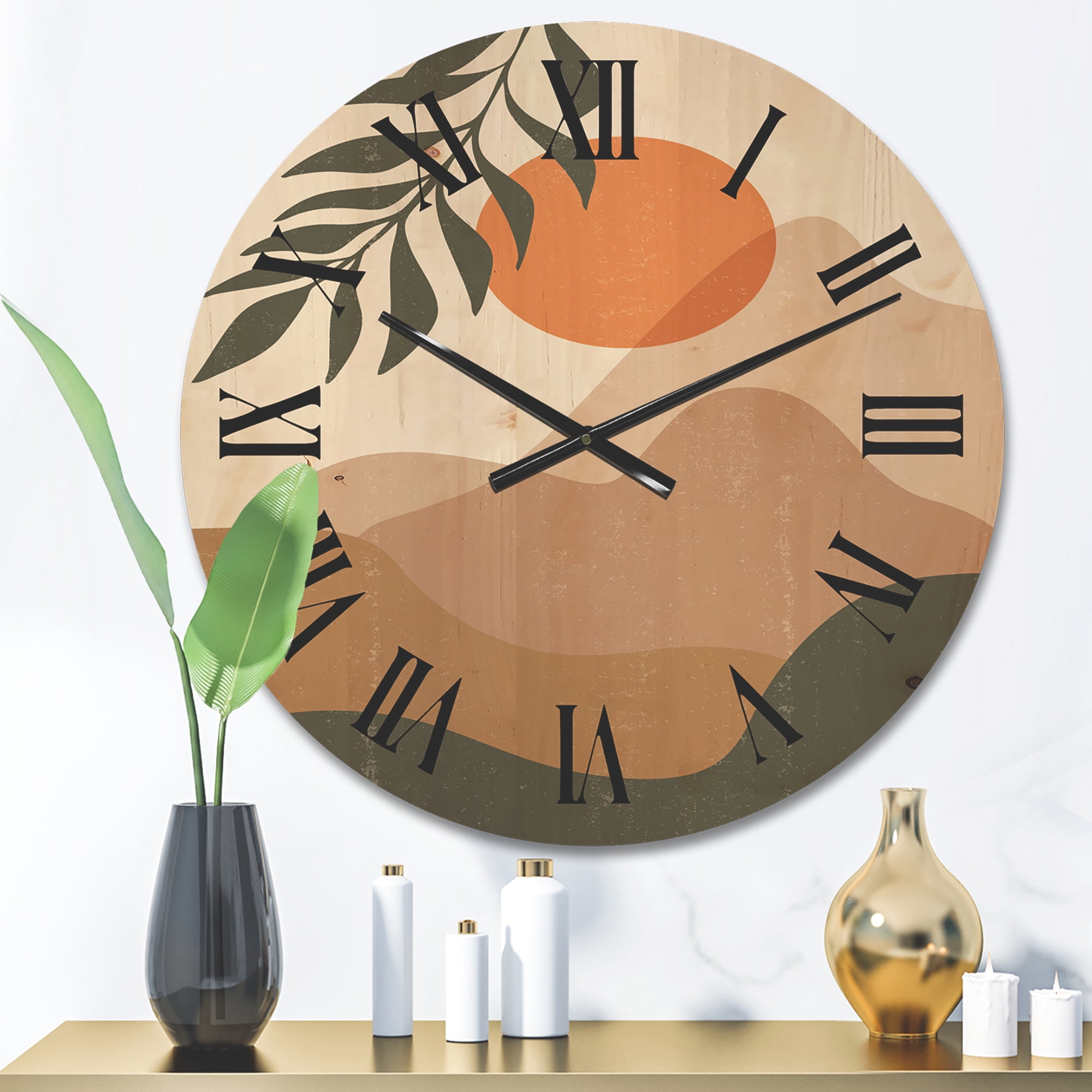Designart 'Abstract Earth Toned Mountains With Red Moon I' Modern Wood Wall Clock