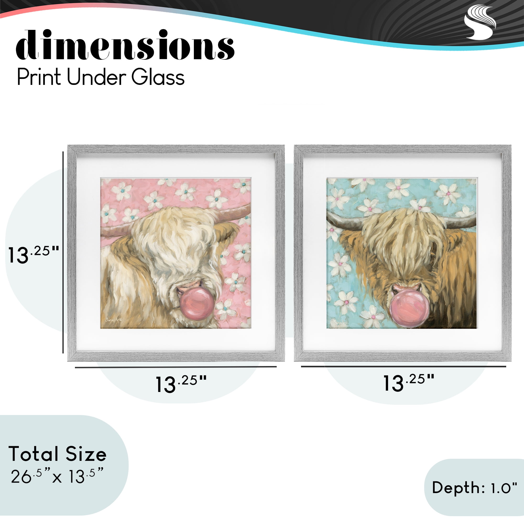 Stupell Industries Cute Bubblegum Highland Cattles 2 Piece Gray Framed Print Under Glass Set, design by Sara G. Designs